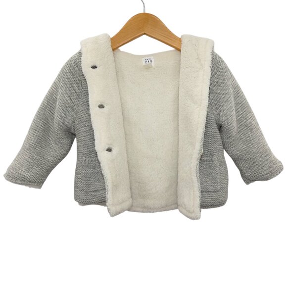 Baby Gap Sherpa Lined Gray Garter Knit Hoodie Jacket 6–12M Cozy Winter Neutral - Picture 4 of 9